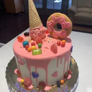 drip cake with donut and ice cream